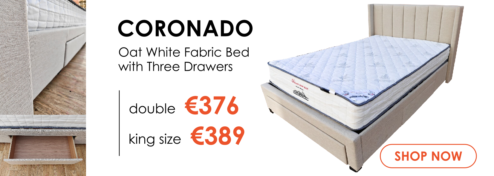 Coronado Oat White Fabric Bed with Drawers - Double and King Sizes