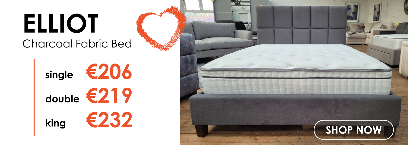 Elliot Charcoal Fabric Bed - Single, Double or King Size