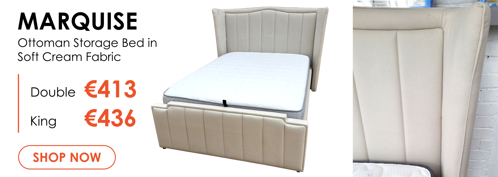 Marquise Soft Cream Fabric Bed with Ottoman Storage, Available in Double & King Size
