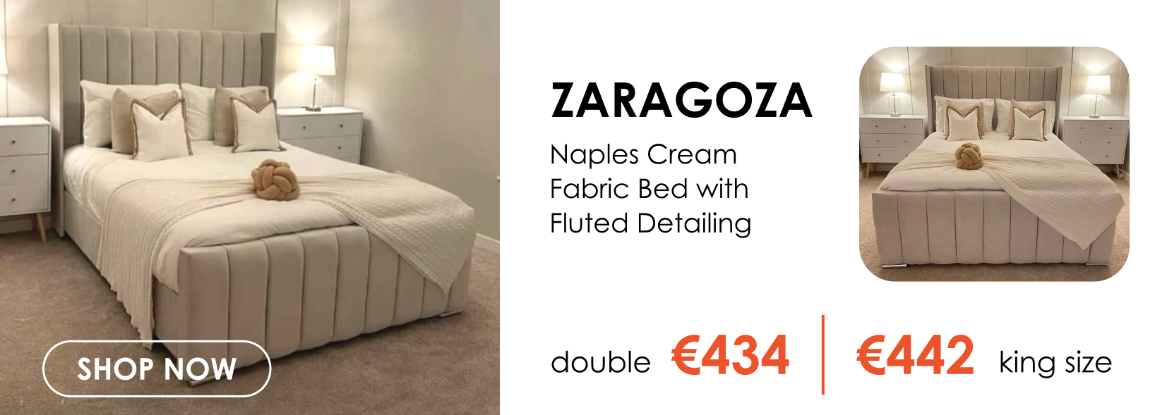 Zaragoza Naples Cream Fabric Bed with Ottoman Storage Option, Available in a Range of Sizes