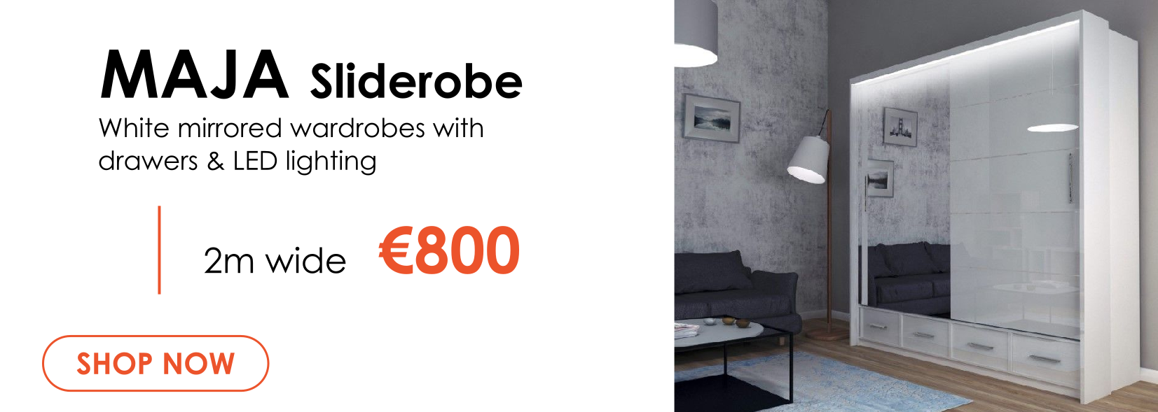 Maja white mirrored sliding wardrobe in 2m width with drawers and LED lighting