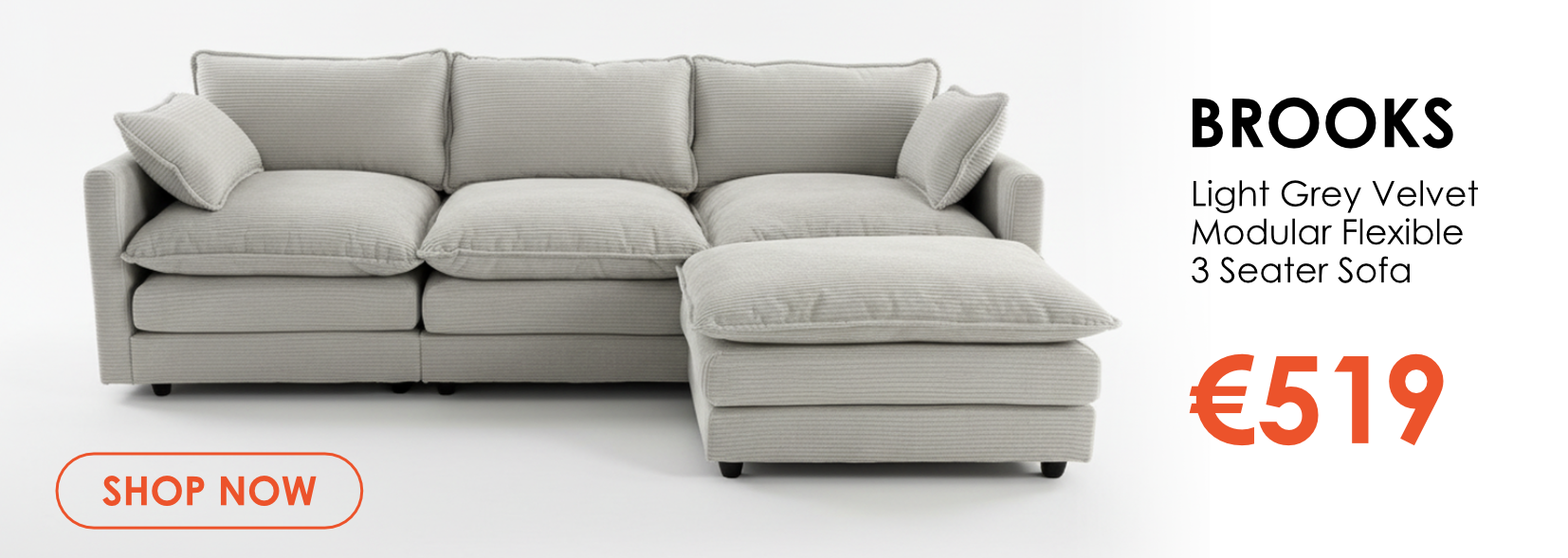 Brooks light grey fabric modular 3 seater chaise sofa