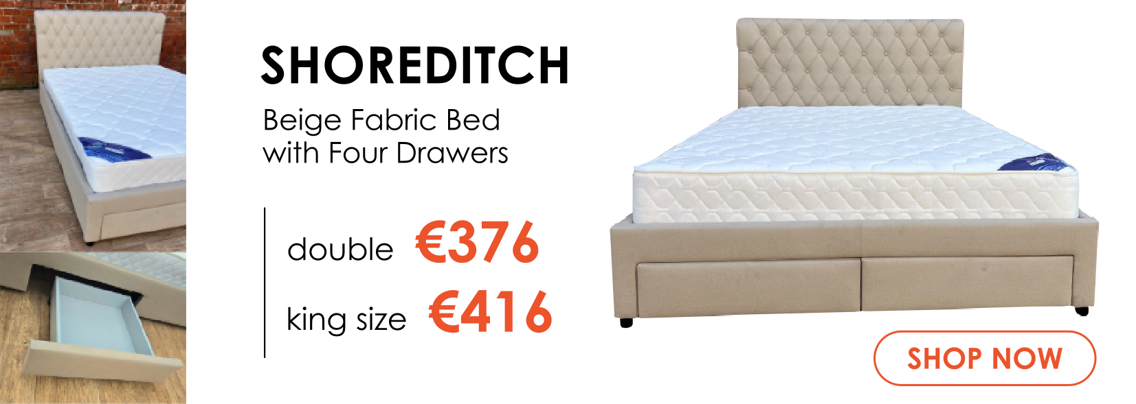 Shoreditch beige fabric bed with four storage drawers