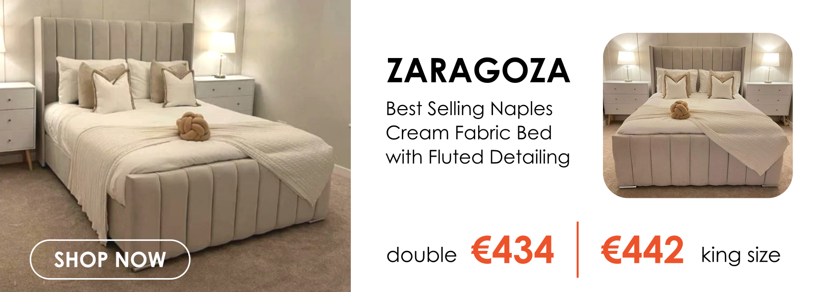 Zaragoza Naples Cream Zaragoza Naples Cream Fabric Bed with Ottoman Storage Option, Available in a Range of Sizes