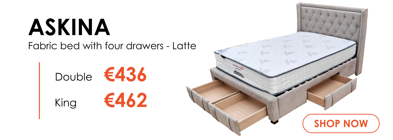 Askina fabric bed with drawers in latte - Double & King Size