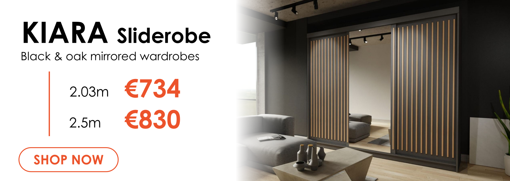 Kiara Kiara Mirrored Black & Oak Sliderobe - 2.03m or 2.5m