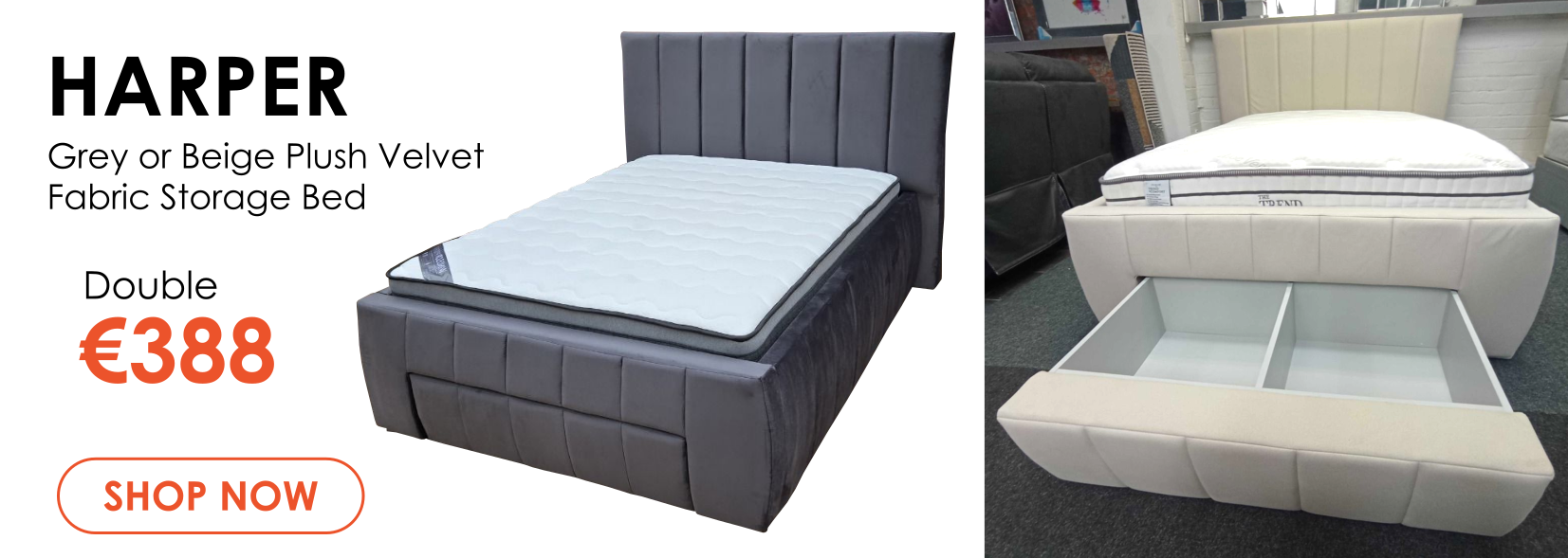 Harper fabric storage bed in grey or beige