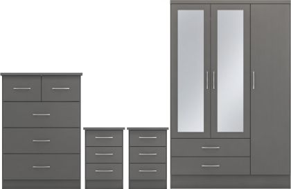 Nevada 3 Door Mirrored Wardrobe BEDROOM SET - 3D Effect Grey