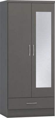 Nevada Mirrored 2 Door 1 Drawer Wardrobe - 3D Effect Grey
