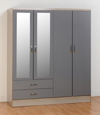 Nevada 4 Door 2 Drawer Wardrobe - Grey Gloss / Light Oak
