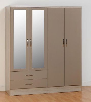 Nevada 4 Door 2 Drawer Wardrobe - Oyster Gloss / Light Oak