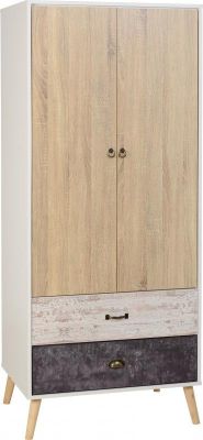 Nordic 2 Door 2 Drawer Wardrobe - White / Distressed Effect