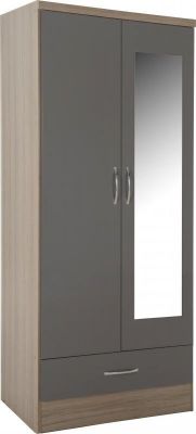 Nevada 2 Door 1 Drawer Mirrored Wardrobe - Grey Gloss/Oak