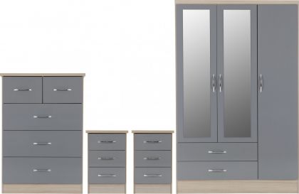 Nevada 3 Door Mirrored Wardrobe BEDROOM SET  - Grey Gloss/Light Oak