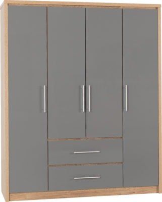 Seville 4 Door 2 Drawer Wardrobe - Grey Gloss / Beech