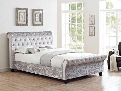 Shoreditch Crushed Velvet Scroll Sleigh Double Bed - Silver