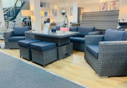 'Love Rattan' Grey Rattan 3 Seat Sofa Rising Table Dining Set With Chairs and Stools