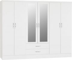 Nevada 6 Door 2 Drawer Mirrored Wardrobe 2.3m - White Gloss
