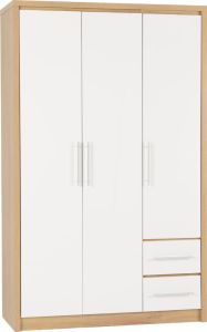 SEVILLE 3 DOOR 2 DRAWER WARDROBE - WHITE HIGH GLOSS/LIGHT OAK EFFECT VENEER