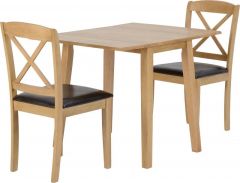 Mason Double Drop Leaf Dining Set - Oak Varnish / Brown Faux Leather