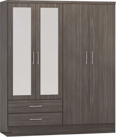 Nevada 4 Door 2 Drawer Mirrored Wardrobe - Black Wood Grain