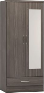 Nevada Mirrored 2 Door 1 Drawer Wardrobe - Black Wood Grain