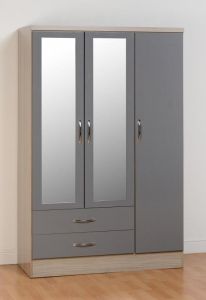 Nevada 3 Door 2 Drawer Wardrobe in Grey Gloss / Light Oak 