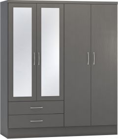 Nevada 4 Door 2 Drawer Mirrored Wardrobe - 3D Effect Grey