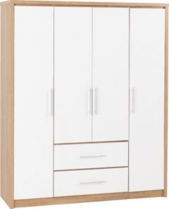 Seville 4 Door 2 Drawer Wardrobe - White Gloss / Beech