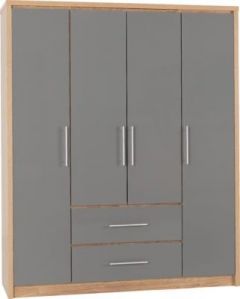 Seville 4 Door 2 Drawer Wardrobe - Grey Gloss / Beech