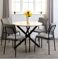 Sheldon Round Wooden Top Dining Table with 4 Grey Velvet Fabric Chairs
