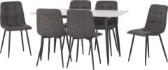 Fenton Dining Set (6 Chairs) - White Marble Stone Effect/Dark Grey Suede Fabric