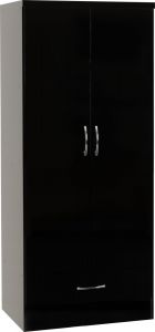 Nevada 2 Door 1 Drawer Wardrobe 0.8m - Black Gloss