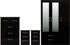 Nevada 3 Door Mirrored Wardrobe BEDROOM SET - Black Gloss