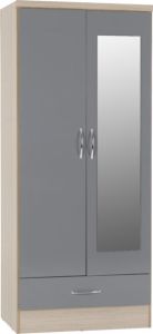 Nevada 2 Door 1 Drawer Mirrored Wardrobe - Grey Gloss/Oak