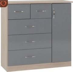 Nevada 5 Drawer Low Wardrobe - Grey Gloss/Light Oak Effect