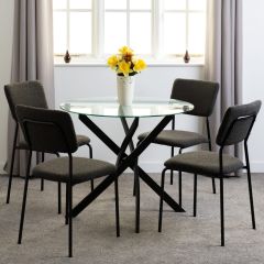 Sheldon Round Glass Top Dining Table with 4 Grey Boucle Fabric Chairs
