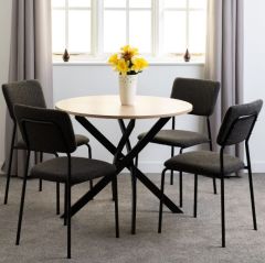Sheldon Round Wooden Top Table with 4 Grey Boucle Fabric Chairs