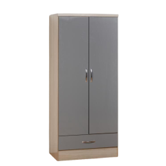 Nevada 2 Door 1 Drawer Wardrobe 0.78m - Grey Gloss / Light Oak