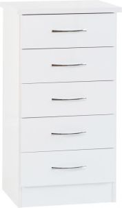 Nevada 5 Drawer Narrow Chest - White Gloss