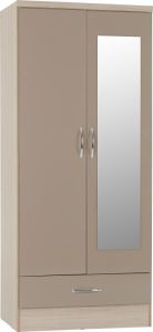 Nevada MIRRORED 2 Door 1 Drawer Wardrobe 0.78m - Oyster Gloss