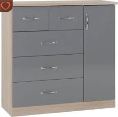 Nevada 5 Drawer Low Wardrobe 1.1m - Grey Gloss/Light Oak Effect