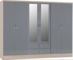 Nevada 6 Door 2 Drawer Mirrored Wardrobe 2.3m - Grey Gloss/Light Oak
