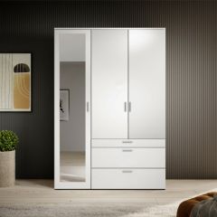 Vesala Mirrored 3 Door 3 Drawer Wardrobe 1.35m - White 