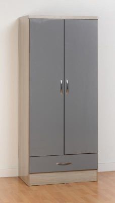 Nevada 2 Door 1 Drawer Wardrobe 0.78m - Grey Gloss / Light Oak