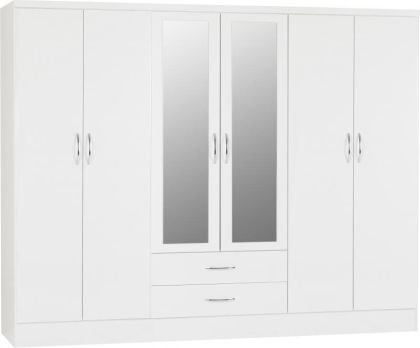 Nevada 6 Door 2 Drawer Mirrored Wardrobe 2.3m - White Gloss