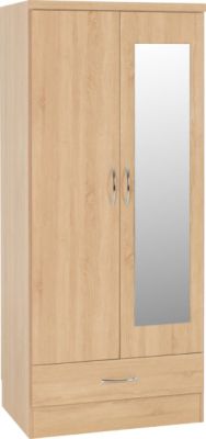 Nevada MIRRORED 2 Door 1 Drawer Wardrobe 0.78m - Sonoma Oak Effect