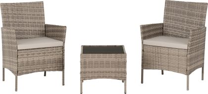 Willow 3 Piece Garden Set - Grey Rattan/Grey Fabric/Black Glass